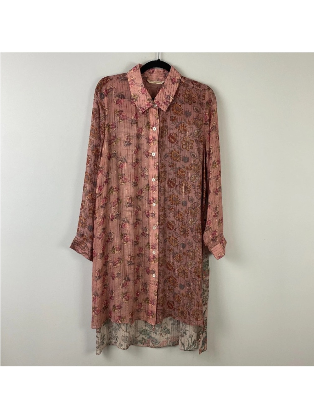 Soft Surroundings Pink Miranda Long Sleeve Button Up Tunic Size 1X Floral Sheer